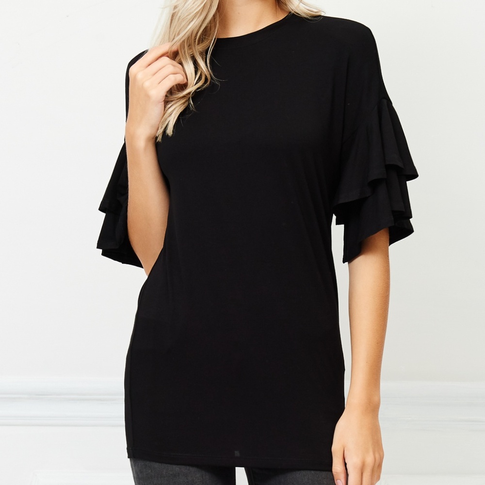 ROUND NECK RUFFLE SLEEVE TOP - Picture 2 of 6